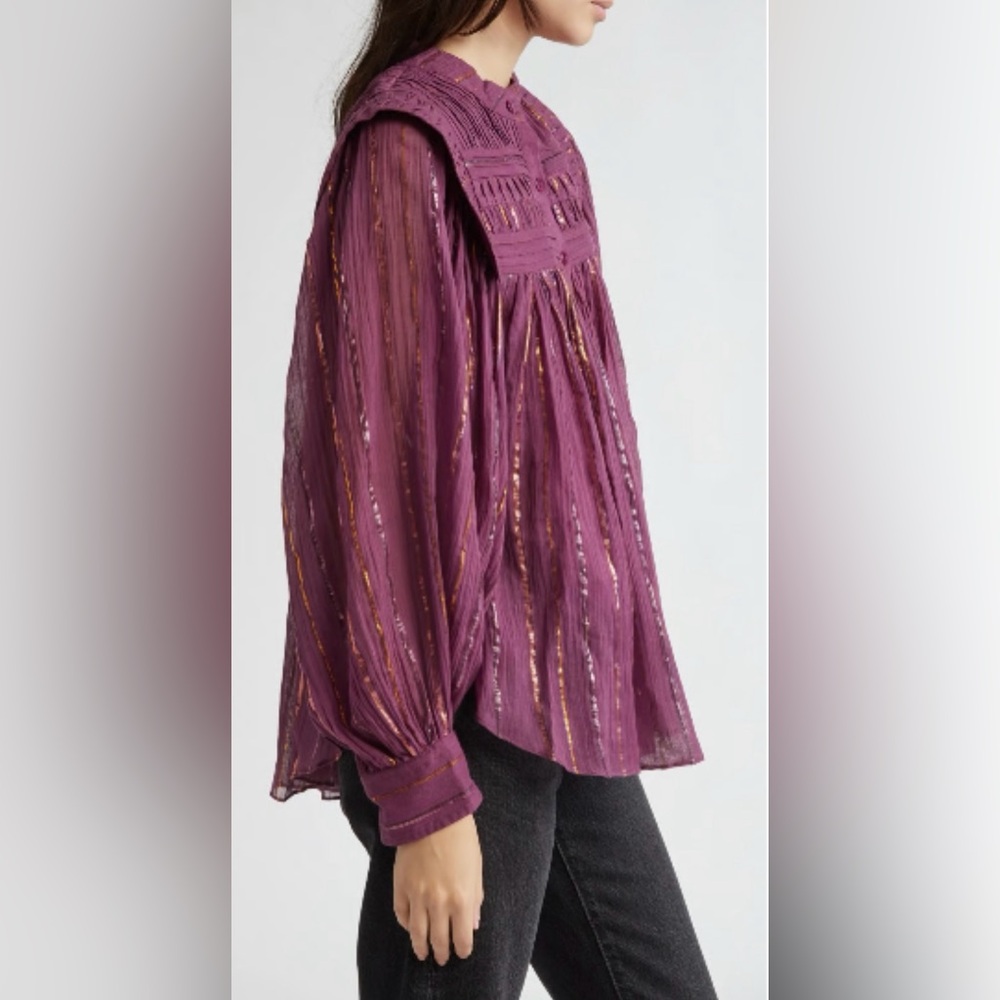 Farm Rio Burgundy Pleated Yoke Metallic Stripe Long Sleeve Button Blouse XS - Picture 3 of 11
